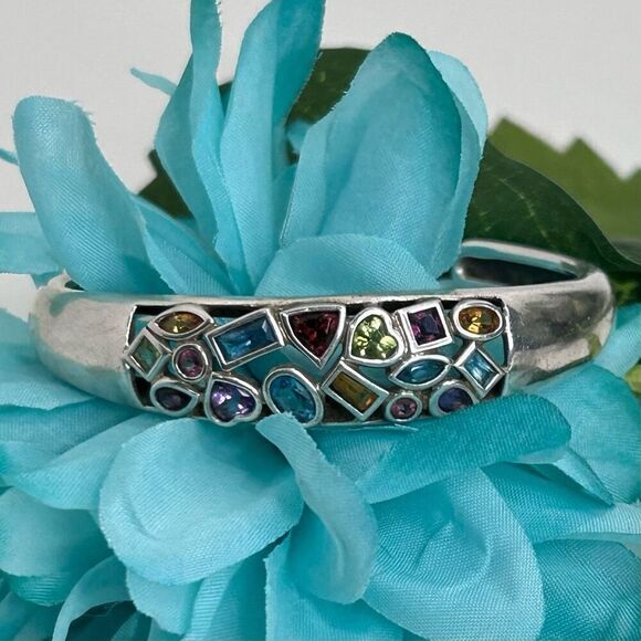 925 Sterling Silver Cuff Bracelet Women's Multicolor Multi Gemstone Crystals - Picture 4 of 5